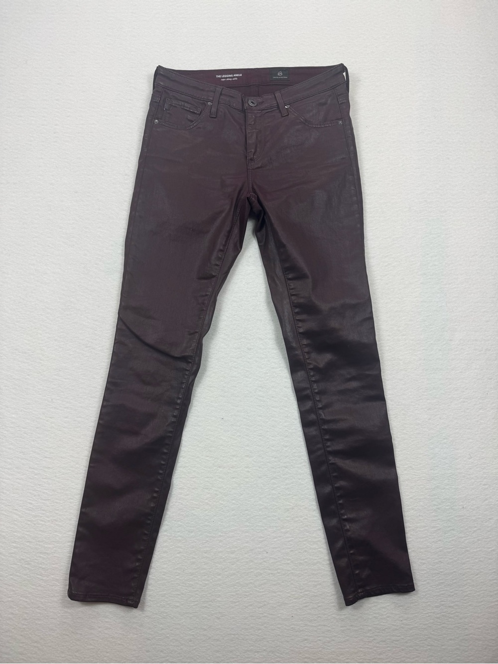 AG Adriano Goldschmied Coated "The Legging Ankle" Super Skinny Pants Burgundy 25